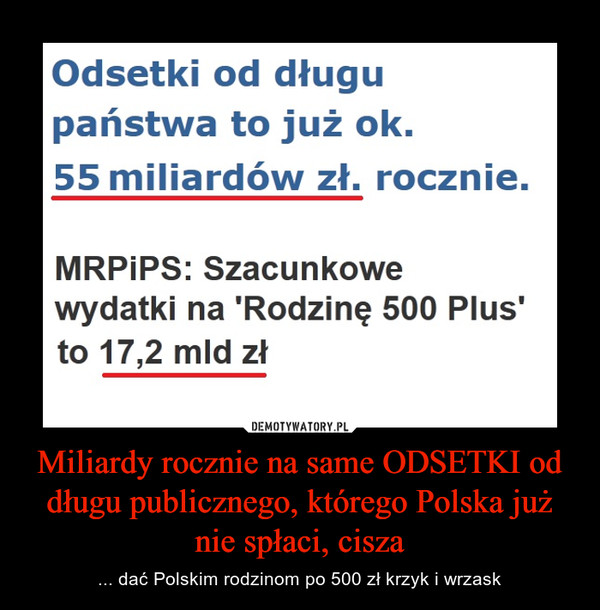Miliardy rocznie na same ODSETKI od dugu publicznego, ktrego Polska ju nie spaci, cisza  ... da Polskim rodzinom po 500 z krzyk i wrzask 